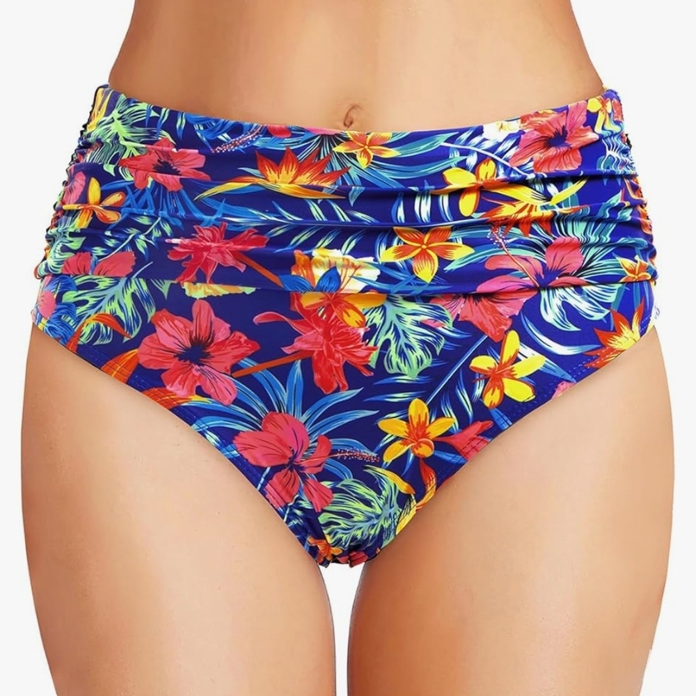 Floral Print High Waisted Bikini Bottoms W/ Tummy Control Size…